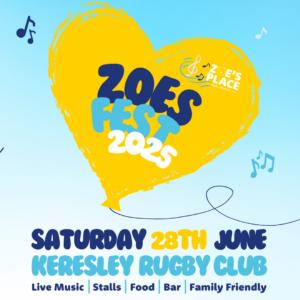 Logo for ZoesFest music festival featuring a vibrant yellow heart with the festival name ZoesFest displayed in bold, playful lettering. The background is blue like the sky allowing the yellow logo elements to stand out.